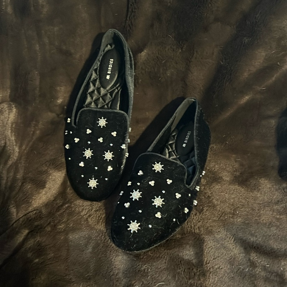 Birdies brand black velour flats with sparkly jewels. Beautiful dressy shoe